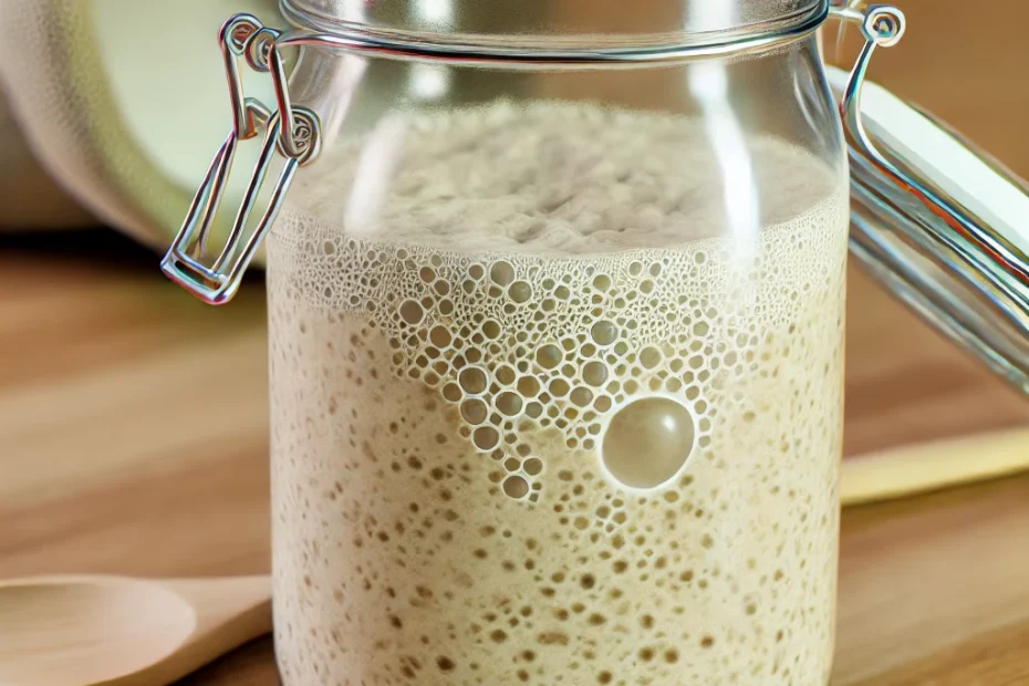 Sauerteig in einem Glasgefäß mit sichtbaren Bläschen