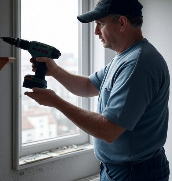 Ein Heimwerker hält eine Schlagborhmaschine in der Hand und schaut auf die Wand