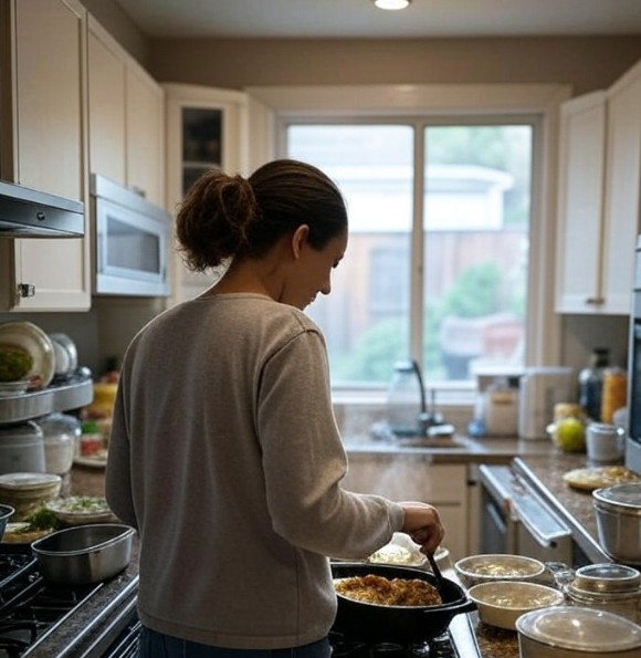 Zu sehen ist eine Frau, die kocht. Die Küche ist durchschnittlich groß, modern, aber stark in Benutzung, wenig aufgeräumt. Die Frau ist von hinten zu sehen