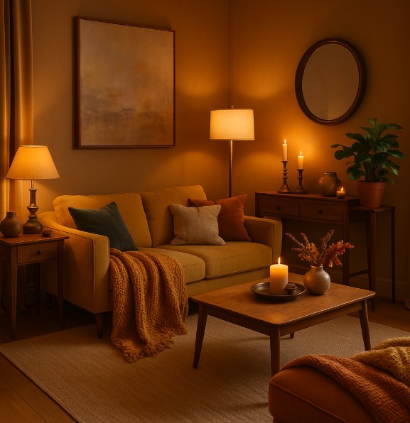 Zu sehen ist ein moderner, harmonisch gestalteter Raum mit warmen Farben wie Beige, Braun, Tannengrün und Messingakzenten. Auf dem Sofa liegen mehrere Kissen und Decken aus Naturmaterialien, daneben stehen Kerzen, Lampen und Windlichter, die ein weiches, goldenes Licht erzeugen.